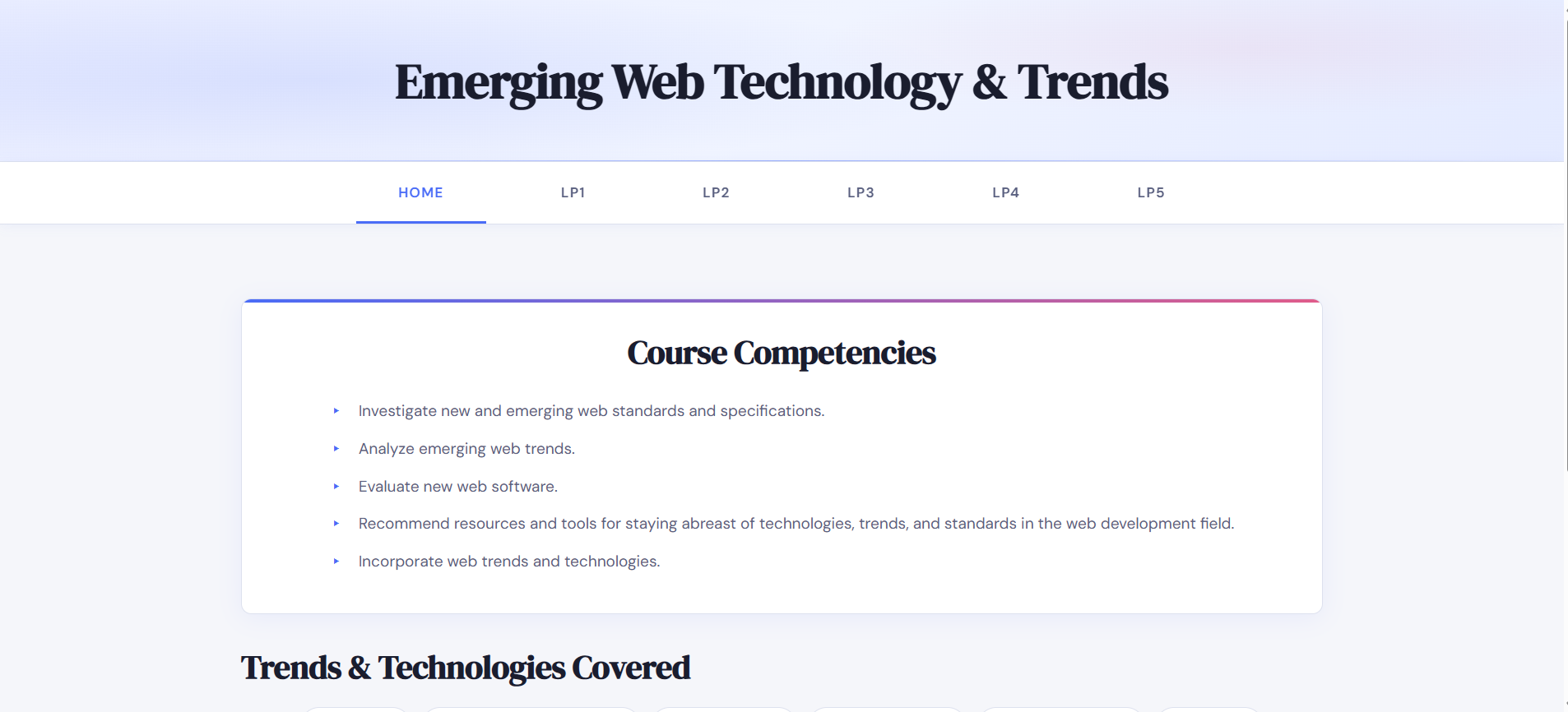 Screenshot of Emerging Technologies and Trends class website
